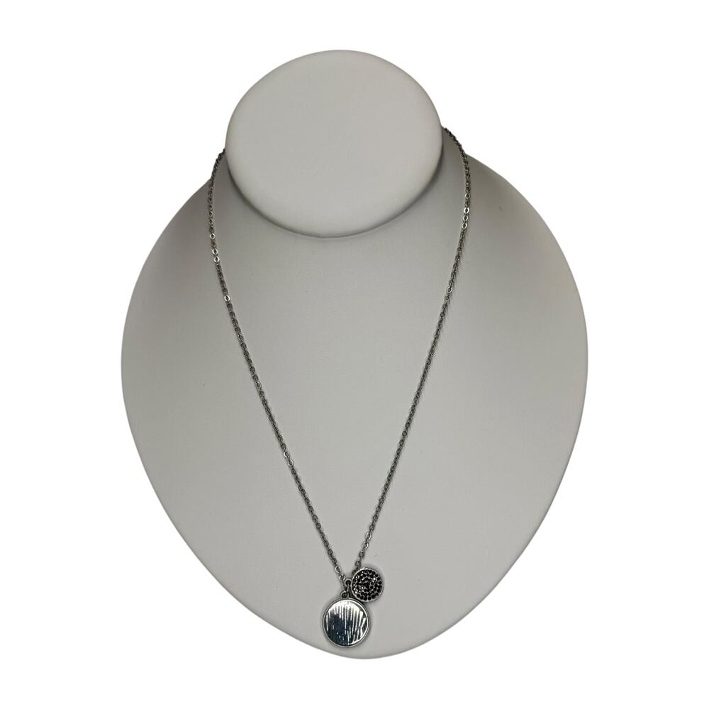 Time and Tru Double Disc Pave Crystal Charm Necklace Silver